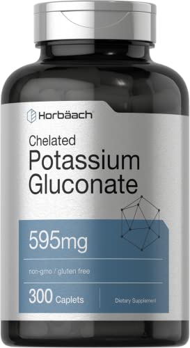 Potassium Gluconate Supplement 595mg | 300 Count | Chelated Potassium | Vegetarian, Non-GMO, Gluten Free | by Horbaach