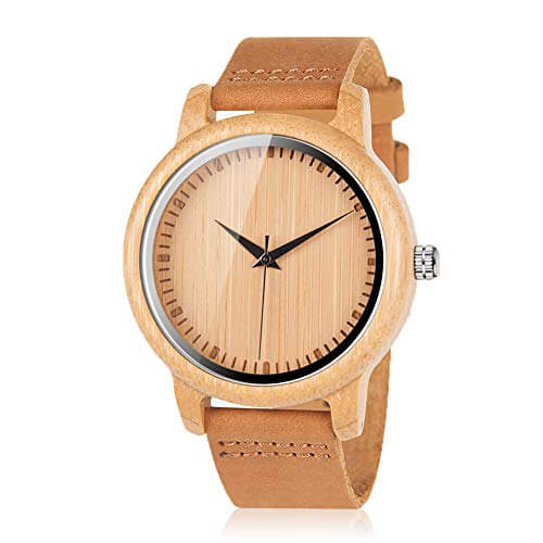BOBO BIRD Men's Bamboo Watch with Brown Cowhide Leather Strap Japanese Quartz Movement