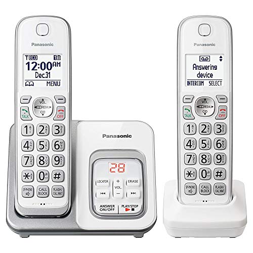 Panasonic DECT 6.0 Expandable Cordless Phone with Answering Machine and Smart Call Block - 2 Cordless Handsets - KX-TGD532W (White/Silver)