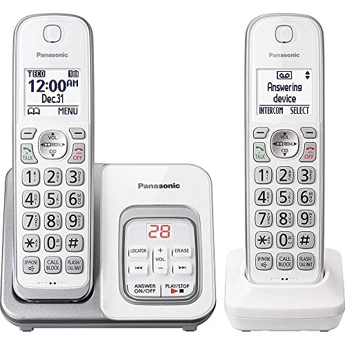 Panasonic DECT 6.0 Expandable Cordless Phone with Answering Machine and Smart Call Block - 2 Cordless Handsets - KX-TGD532W (White/Silver)